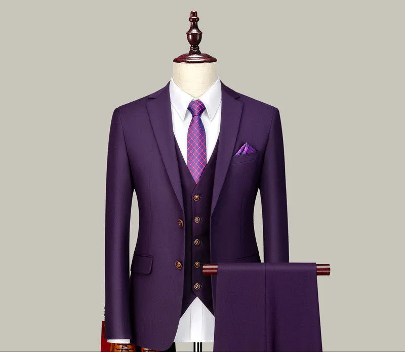 Men's three-piece suit set in pure black with double button front and suit collar, side slit design, acetate fibre blend fabric