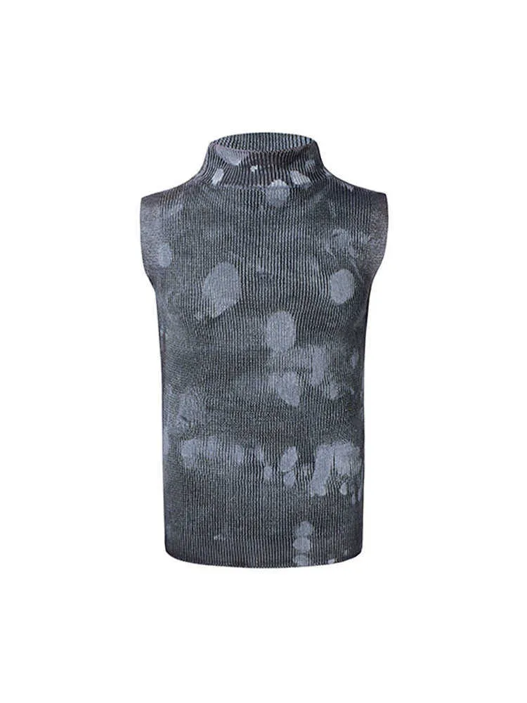 Men's black silver sleeveless t-shirt with stand collar and silver pastebrushing finish