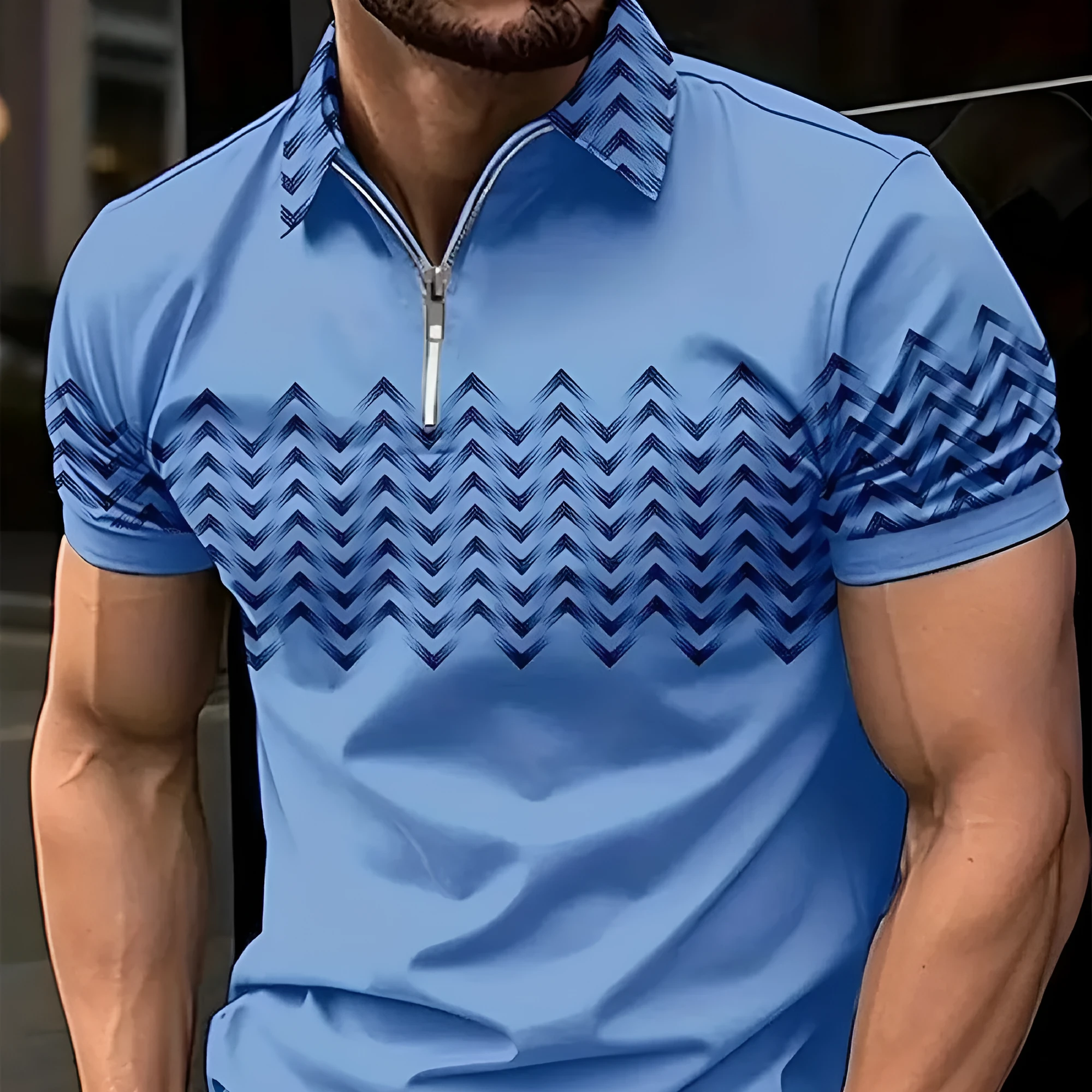 Printed golf shirt for men with letters pattern in polyester fibre, casual short sleeves, colour PL02-PY1