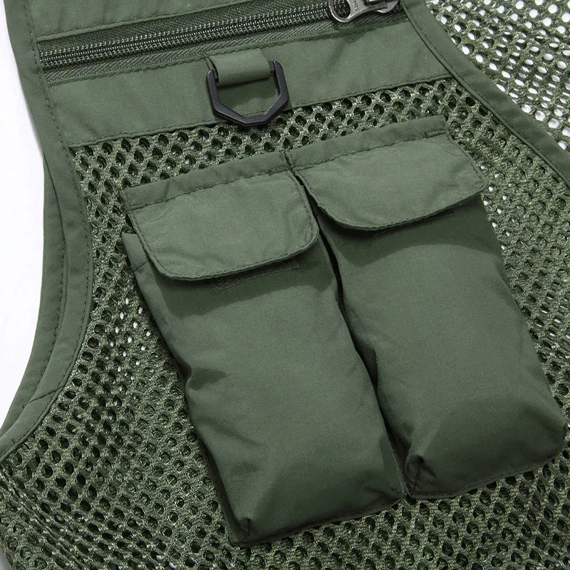 Summer men's outdoor fishing mesh vest jacket with 16 pockets and quick-dry nylon in Army Green