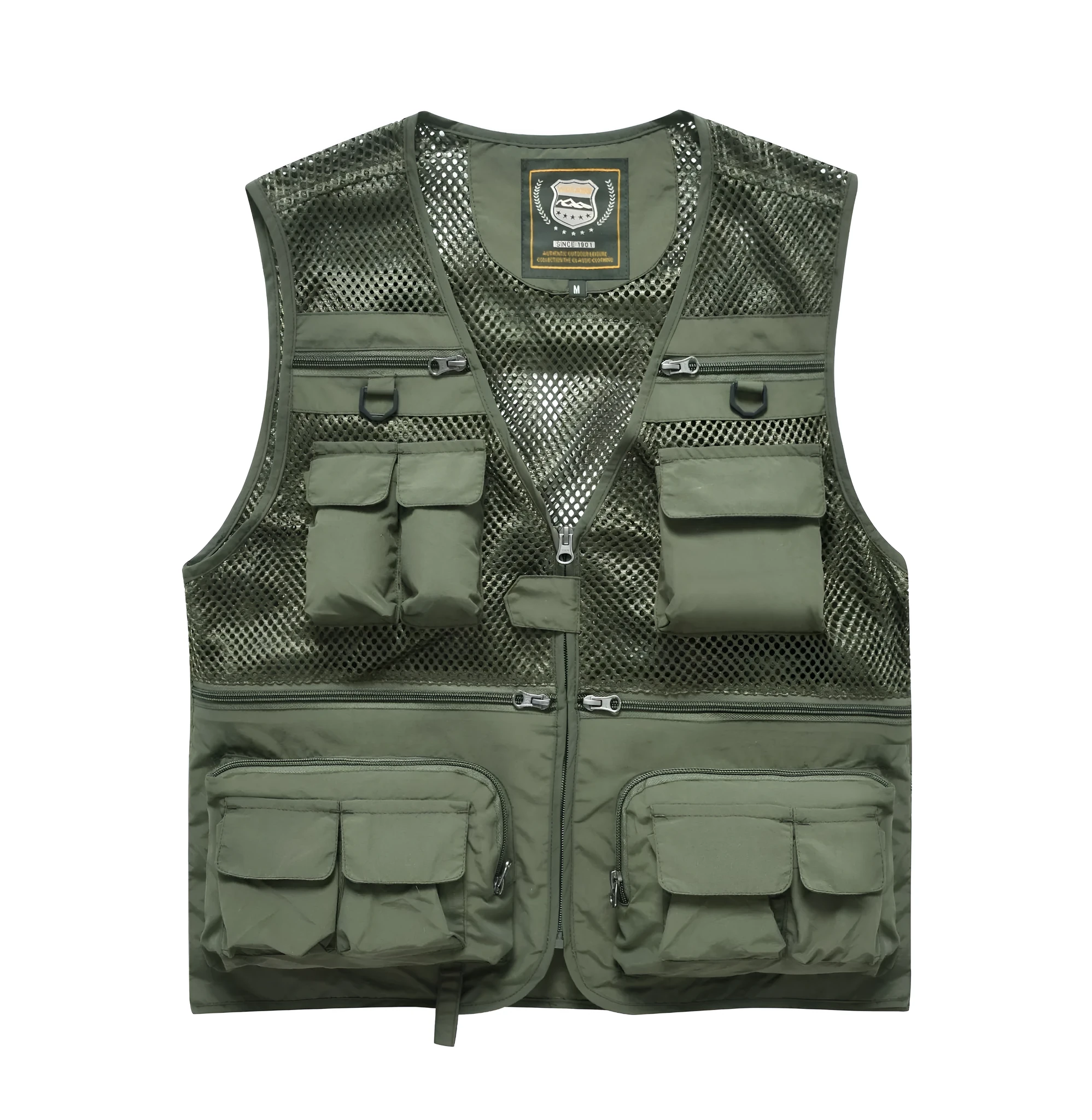 Summer men's outdoor fishing mesh vest jacket with 16 pockets and quick-dry nylon in Army Green