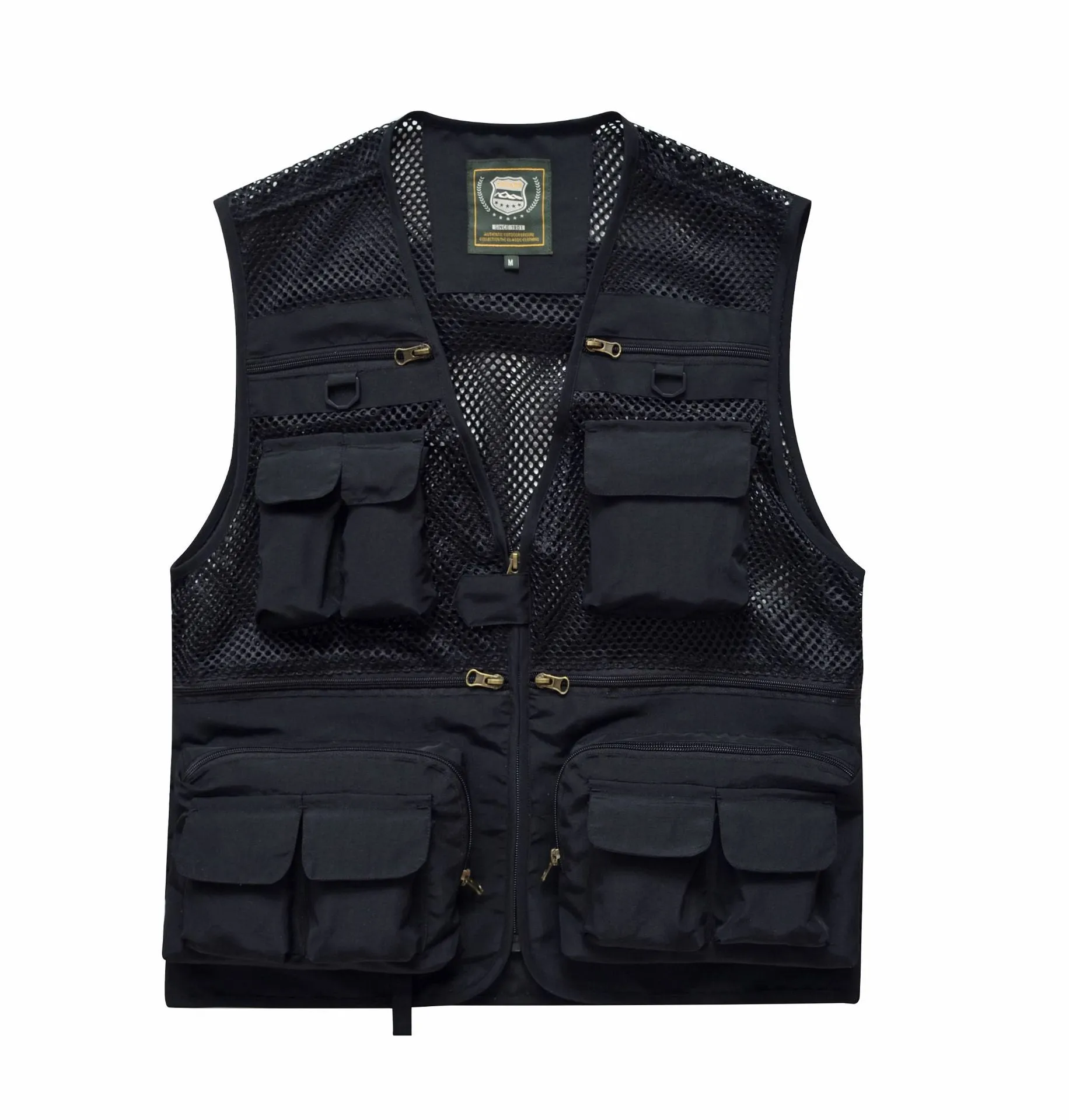 Summer men's outdoor fishing mesh vest jacket with 16 pockets and quick-dry nylon in Army Green