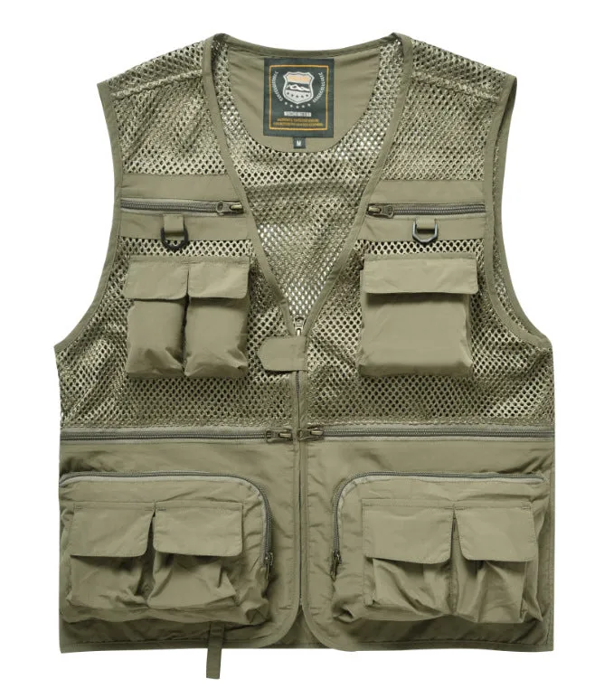 Summer men's outdoor fishing mesh vest jacket with 16 pockets and quick-dry nylon in Army Green