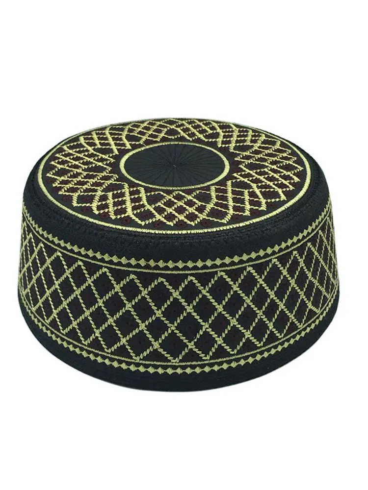 Polyester flat top hat in Red hole yellow line colour, 8 cm height, for Muslim men