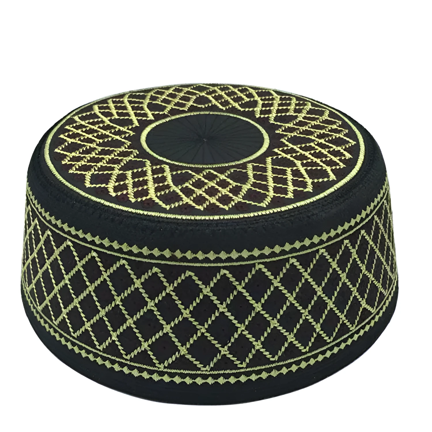 Polyester flat top hat in Red hole yellow line colour, 8 cm height, for Muslim men