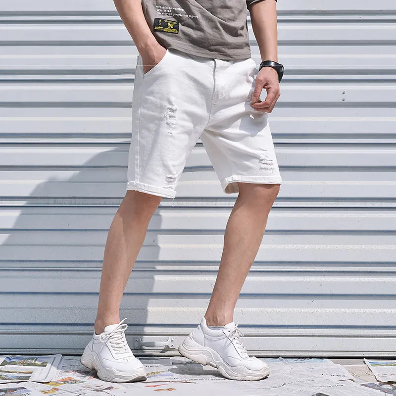 Men's cotton denim shorts in black with loose straight-leg cut and mid-waist zipper closure
