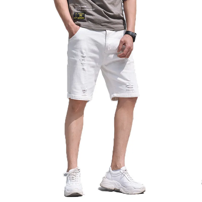 Men's cotton denim shorts in black with loose straight-leg cut and mid-waist zipper closure