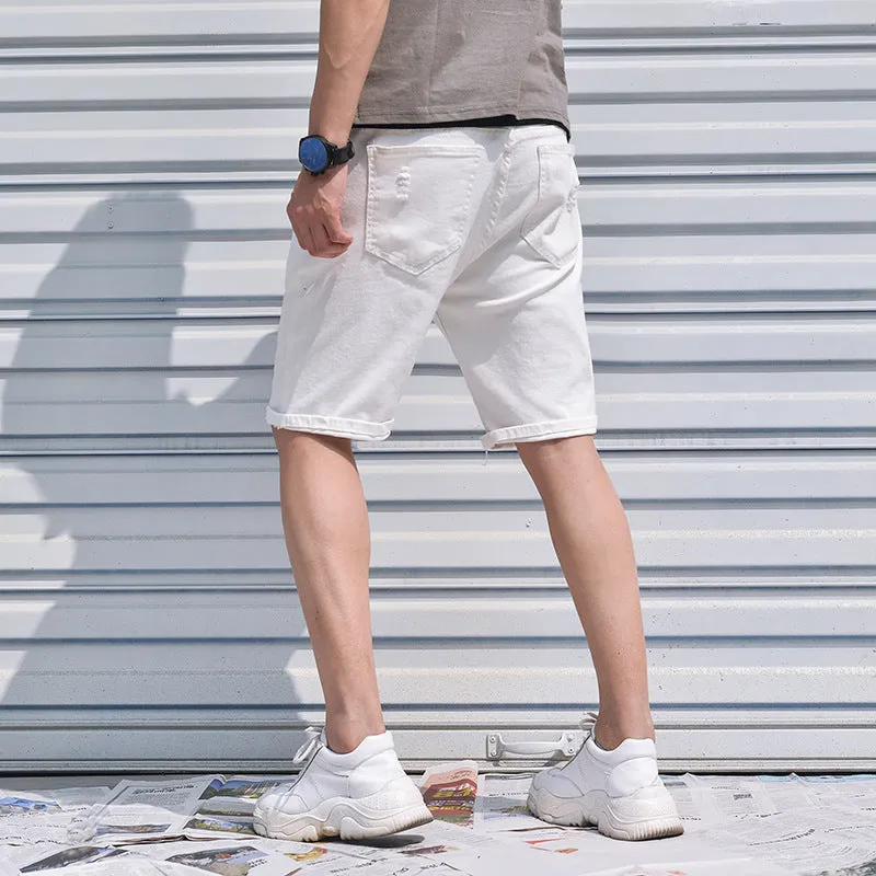 Men's cotton denim shorts in black with loose straight-leg cut and mid-waist zipper closure