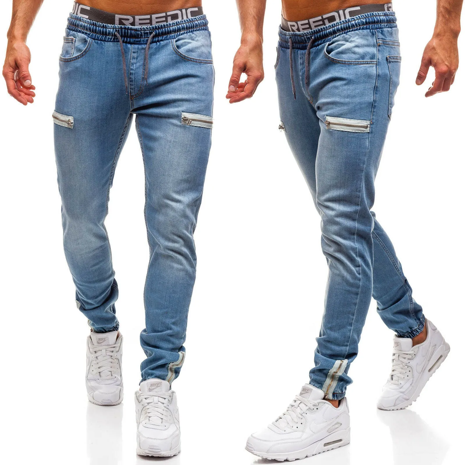 Men's denim sports jeans in dark blue, five-pocket style with cotton fabric