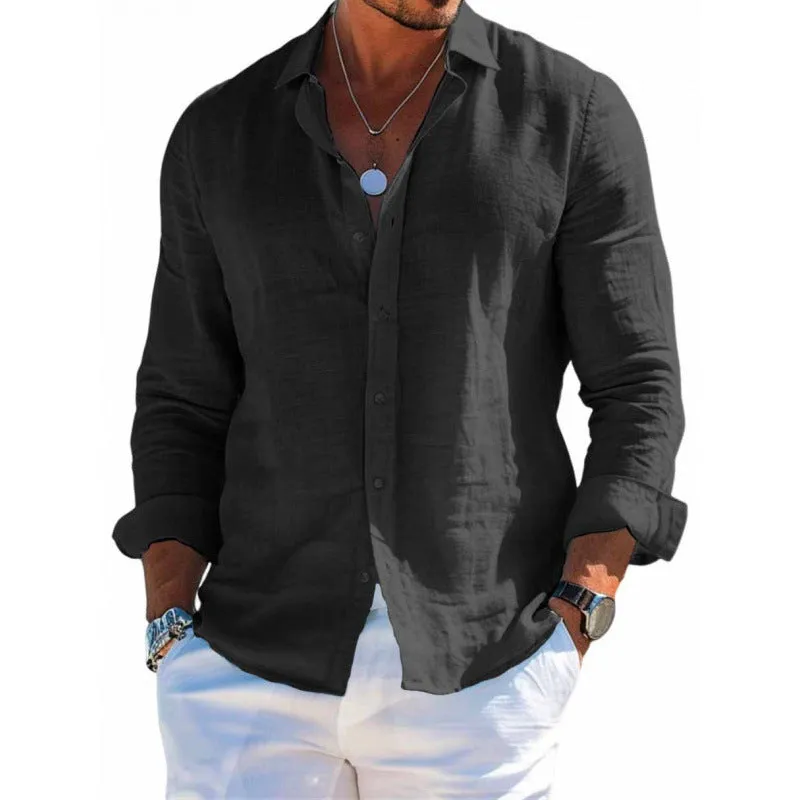 Men's loose fit long sleeve shirt in solid colour with lapel collar and button front, polyester fabric