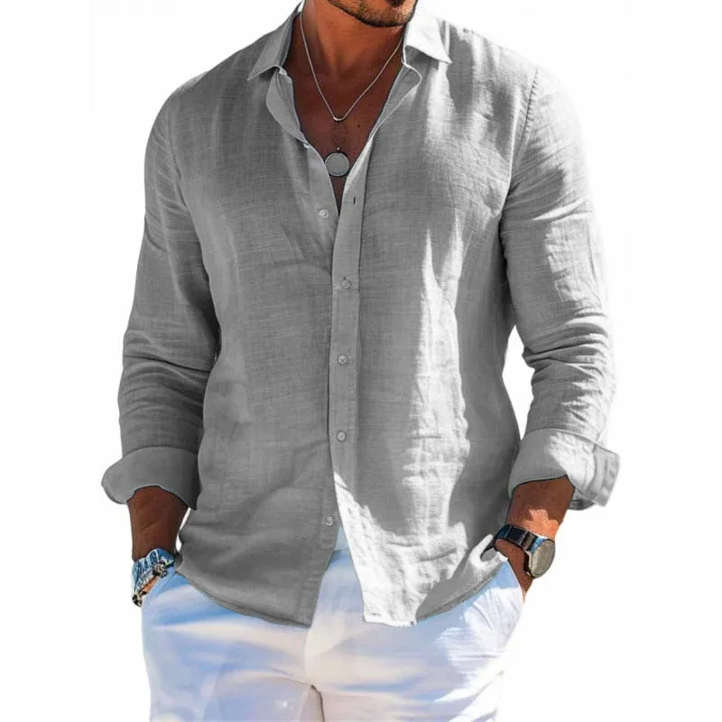 Men's loose fit long sleeve shirt in solid colour with lapel collar and button front, polyester fabric