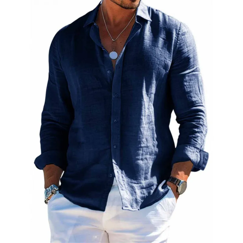 Men's loose fit long sleeve shirt in solid colour with lapel collar and button front, polyester fabric