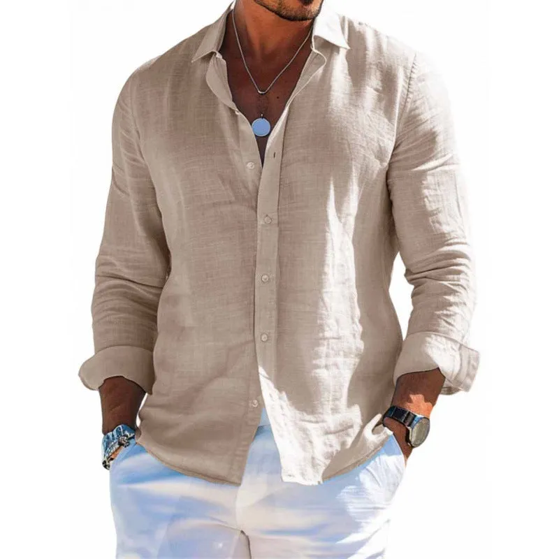 Men's loose fit long sleeve shirt in solid colour with lapel collar and button front, polyester fabric