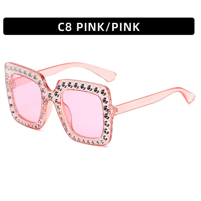 Large square frame sunglasses with rhinestone details on a PC frame in multiple colour options