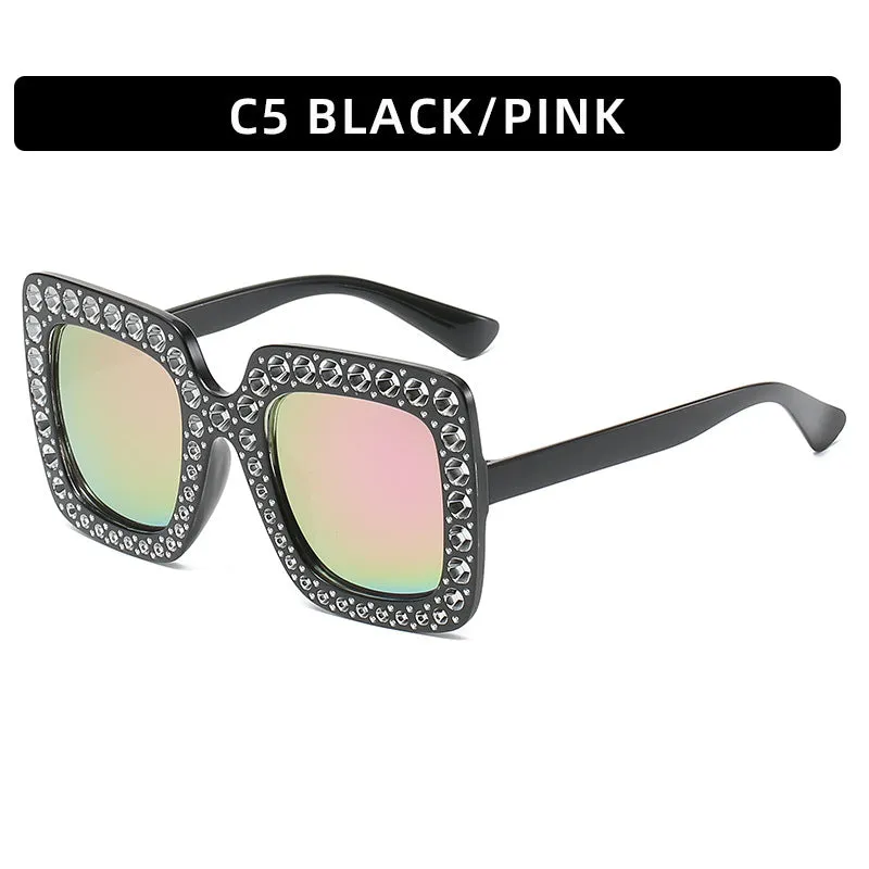 Large square frame sunglasses with rhinestone details on a PC frame in multiple colour options