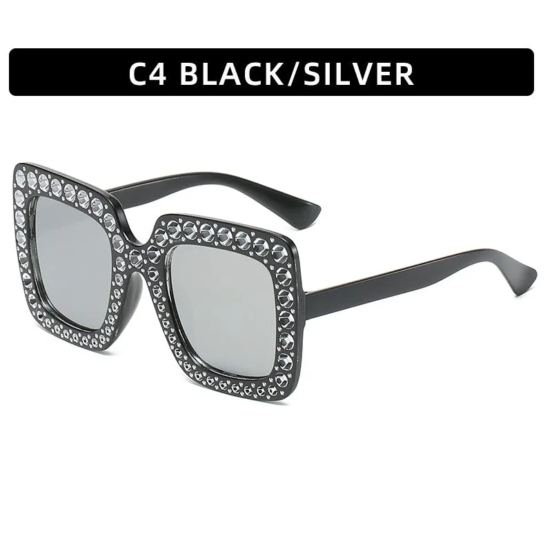 Large square frame sunglasses with rhinestone details on a PC frame in multiple colour options