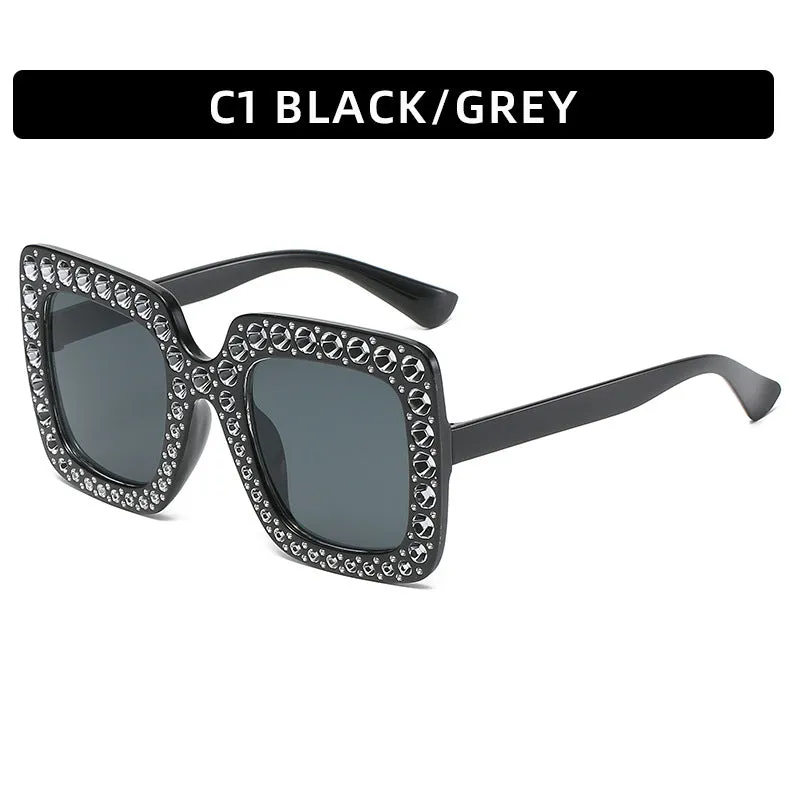 Large square frame sunglasses with rhinestone details on a PC frame in multiple colour options