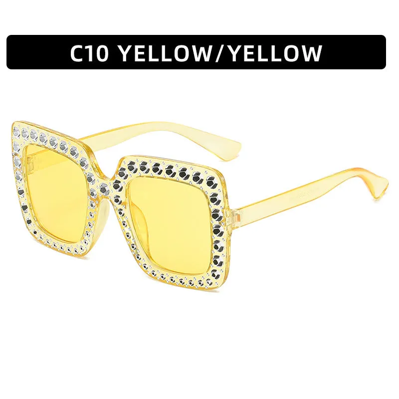 Large square frame sunglasses with rhinestone details on a PC frame in multiple colour options