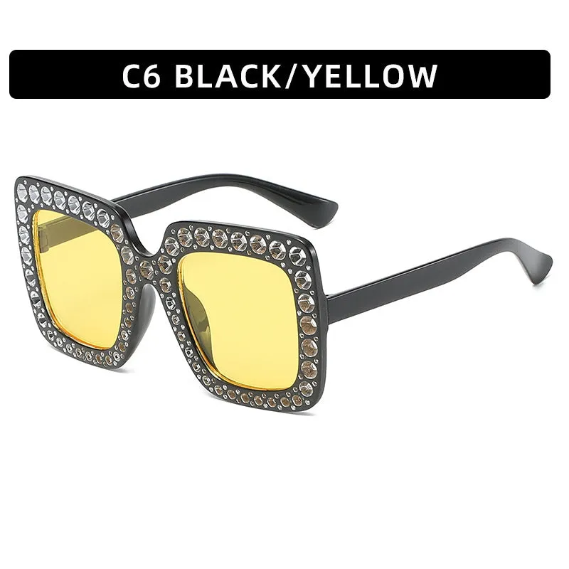 Large square frame sunglasses with rhinestone details on a PC frame in multiple colour options
