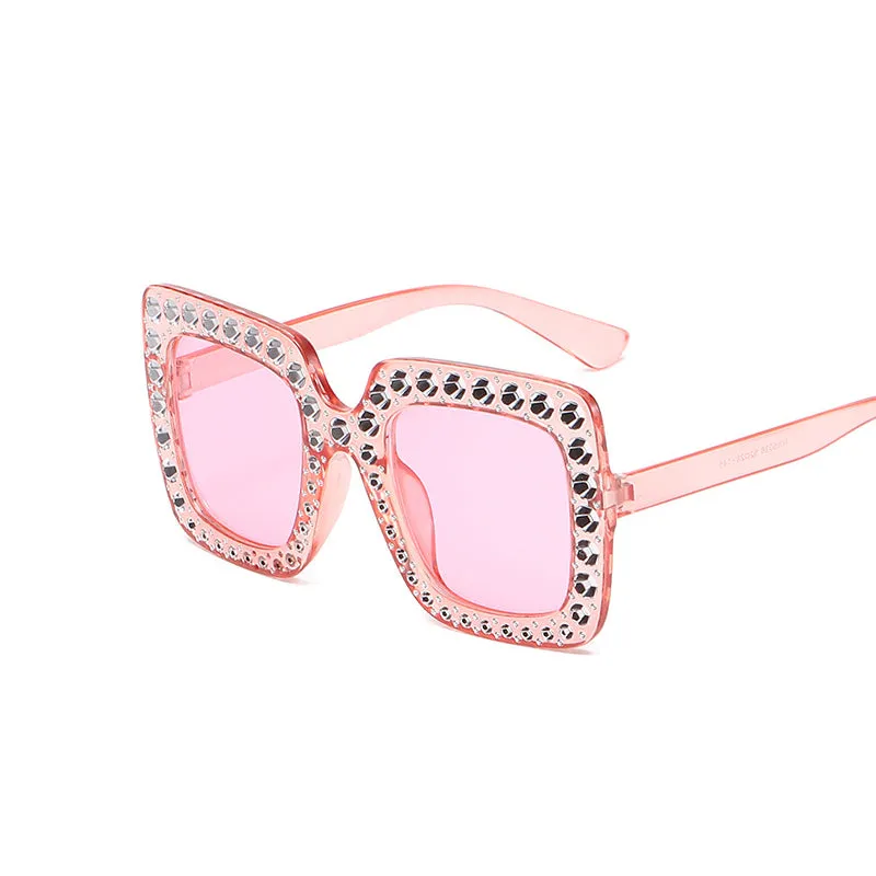 Large square frame sunglasses with rhinestone details on a PC frame in multiple colour options