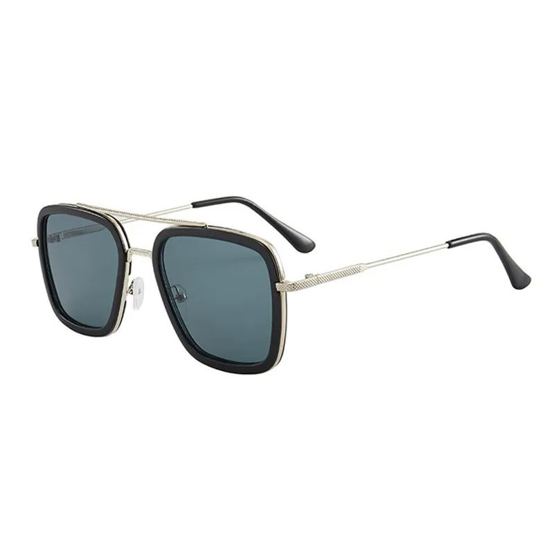 Unisex square frame AC lens sunglasses in black gold with black grey lens, suitable for driving and outdoor sun protection.