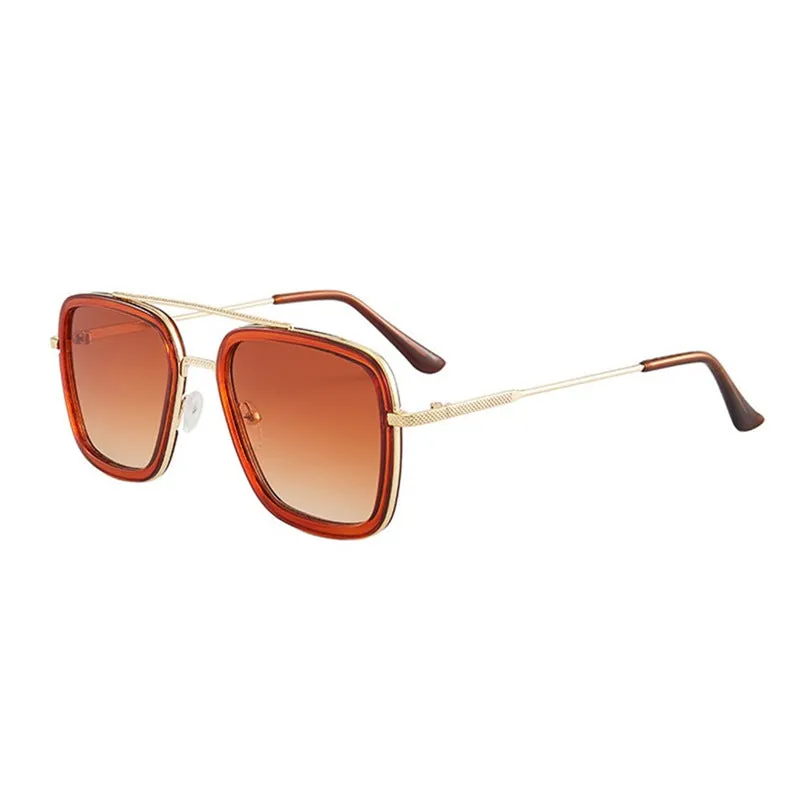 Unisex square frame AC lens sunglasses in black gold with black grey lens, suitable for driving and outdoor sun protection.