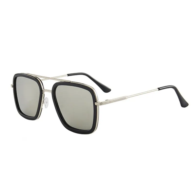 Unisex square frame AC lens sunglasses in black gold with black grey lens, suitable for driving and outdoor sun protection.