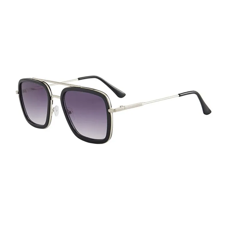 Unisex square frame AC lens sunglasses in black gold with black grey lens, suitable for driving and outdoor sun protection.