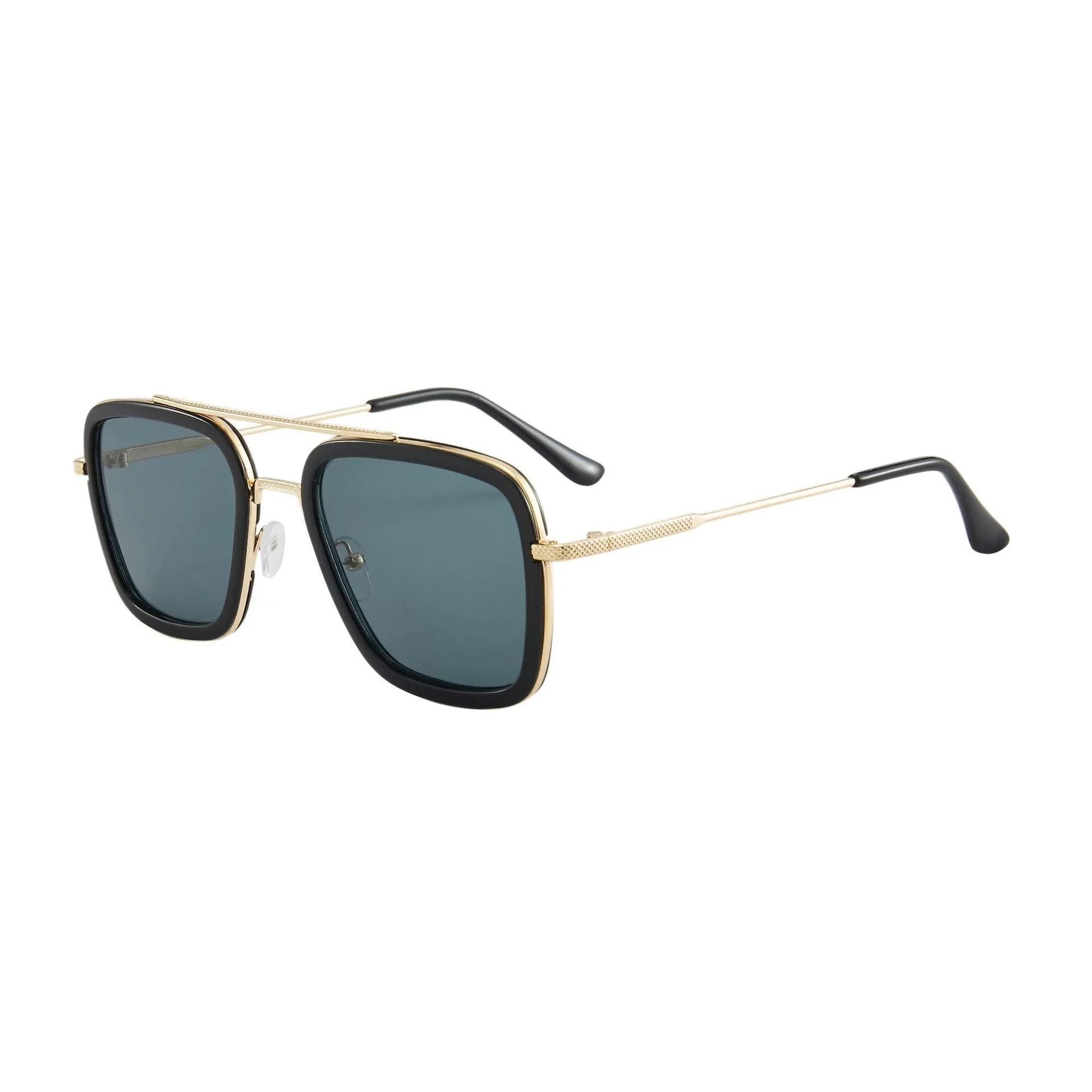 Unisex square frame AC lens sunglasses in black gold with black grey lens, suitable for driving and outdoor sun protection.