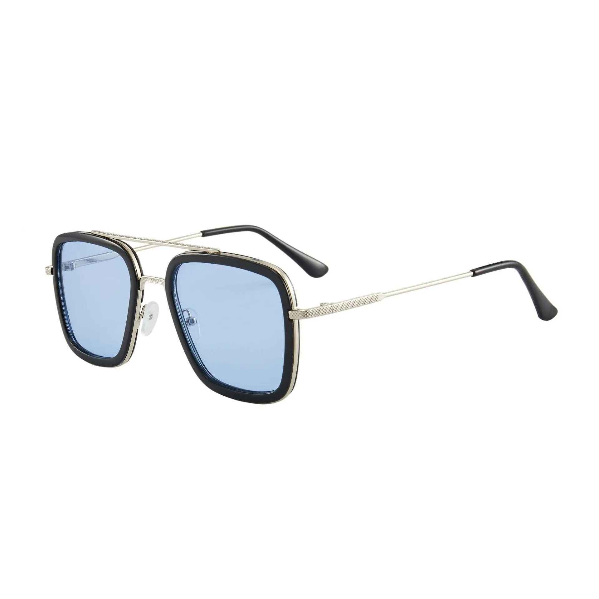 Unisex square frame AC lens sunglasses in black gold with black grey lens, suitable for driving and outdoor sun protection.