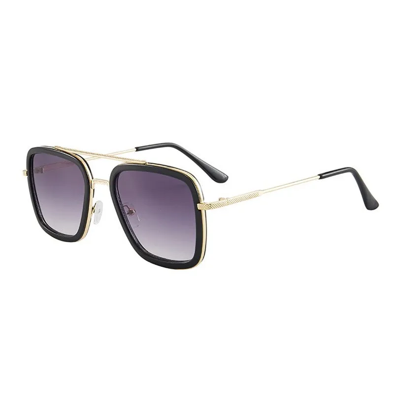 Unisex square frame AC lens sunglasses in black gold with black grey lens, suitable for driving and outdoor sun protection.