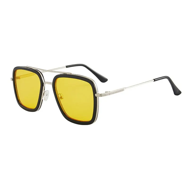 Unisex square frame AC lens sunglasses in black gold with black grey lens, suitable for driving and outdoor sun protection.