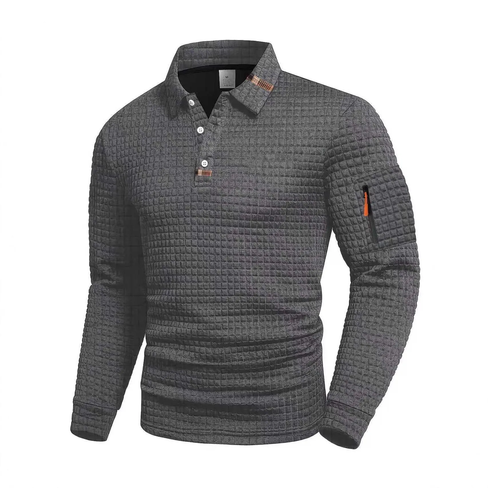 Mens patchwork checkerboard casual sports polo shirt long sleeve polyester blend