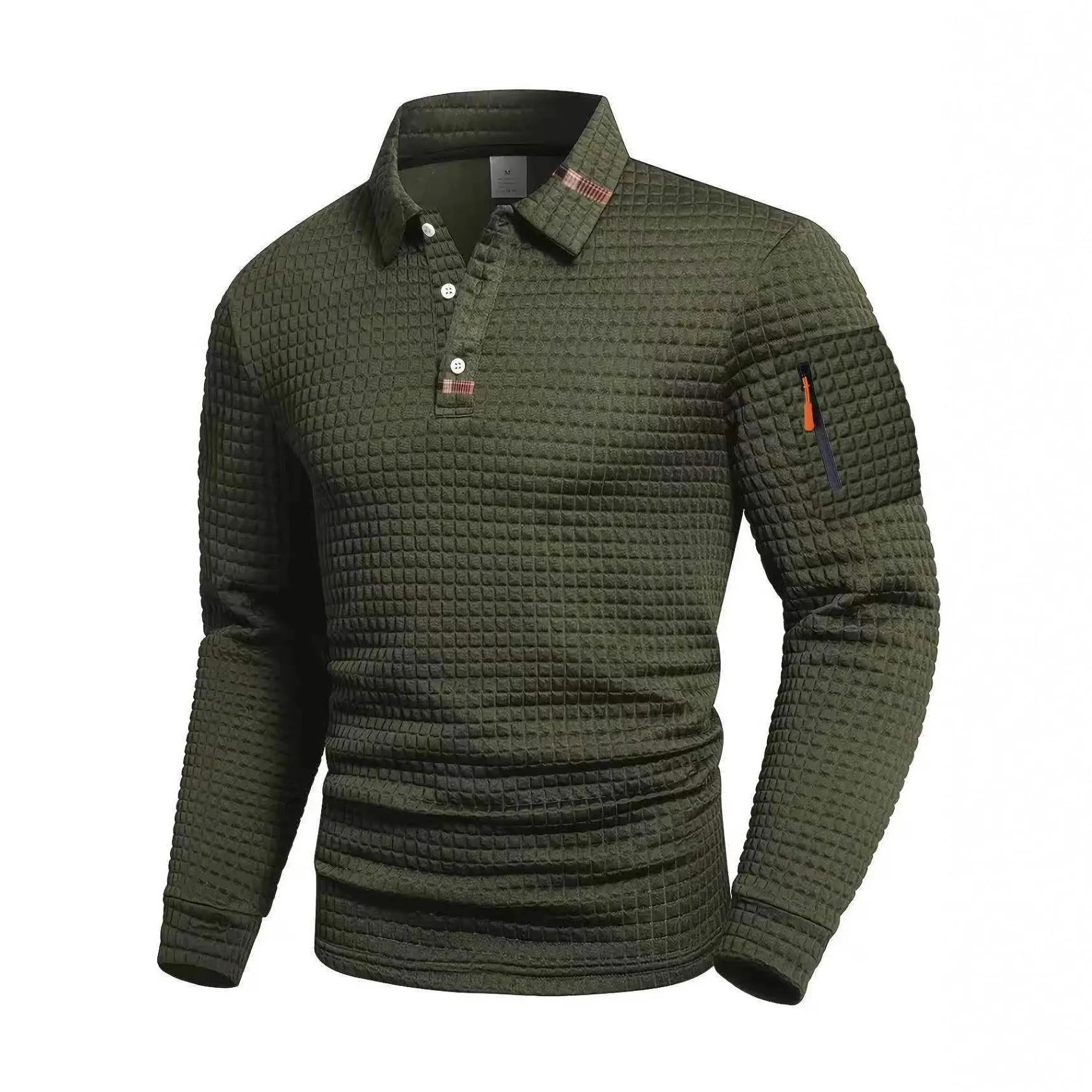 Mens patchwork checkerboard casual sports polo shirt long sleeve polyester blend