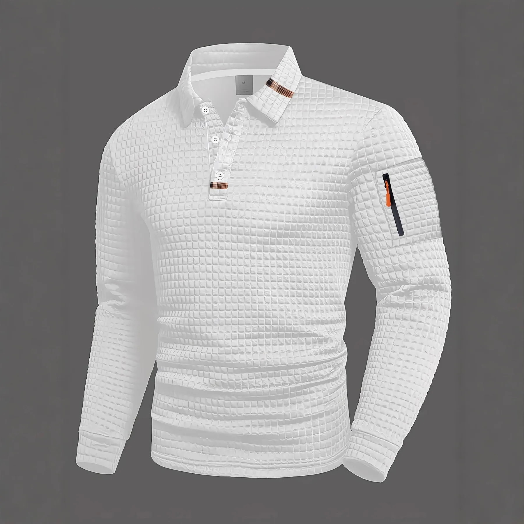Mens patchwork checkerboard casual sports polo shirt long sleeve polyester blend