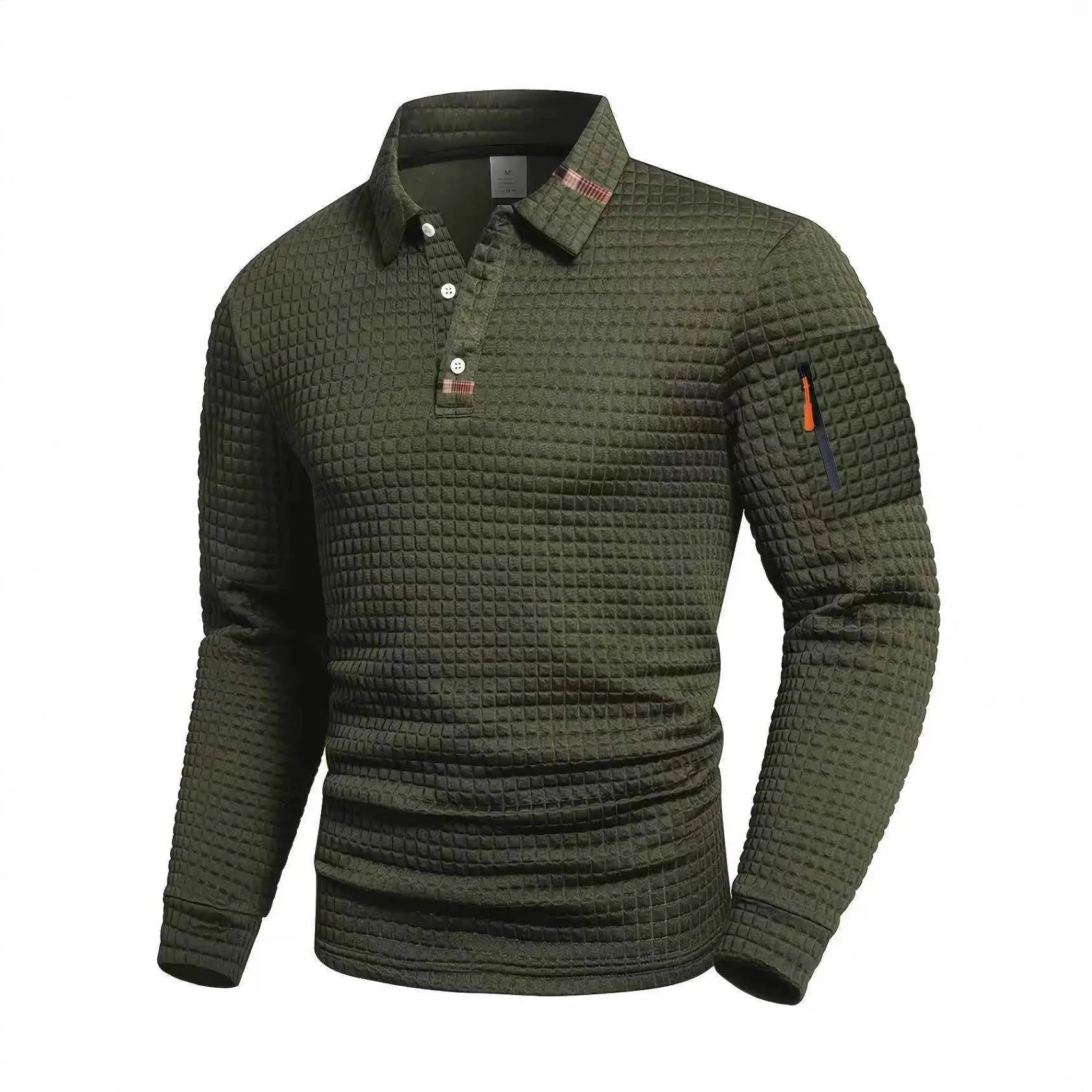 Mens patchwork checkerboard casual sports polo shirt long sleeve polyester blend