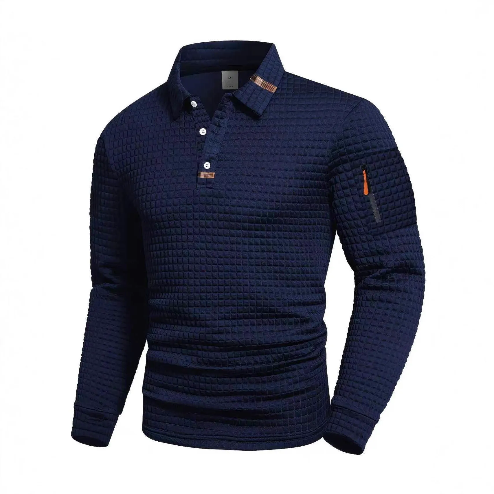 Mens patchwork checkerboard casual sports polo shirt long sleeve polyester blend