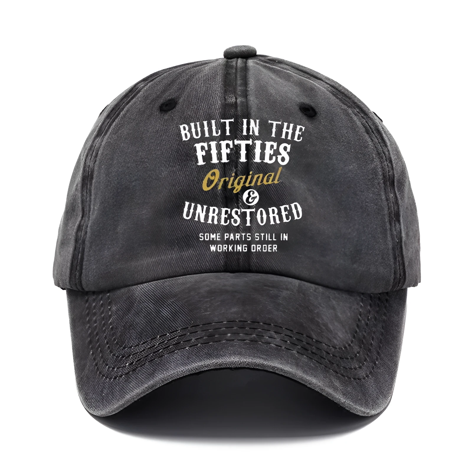Washed cotton printed distressed vintage dad baseball cap in Fifties Black with adjustable back