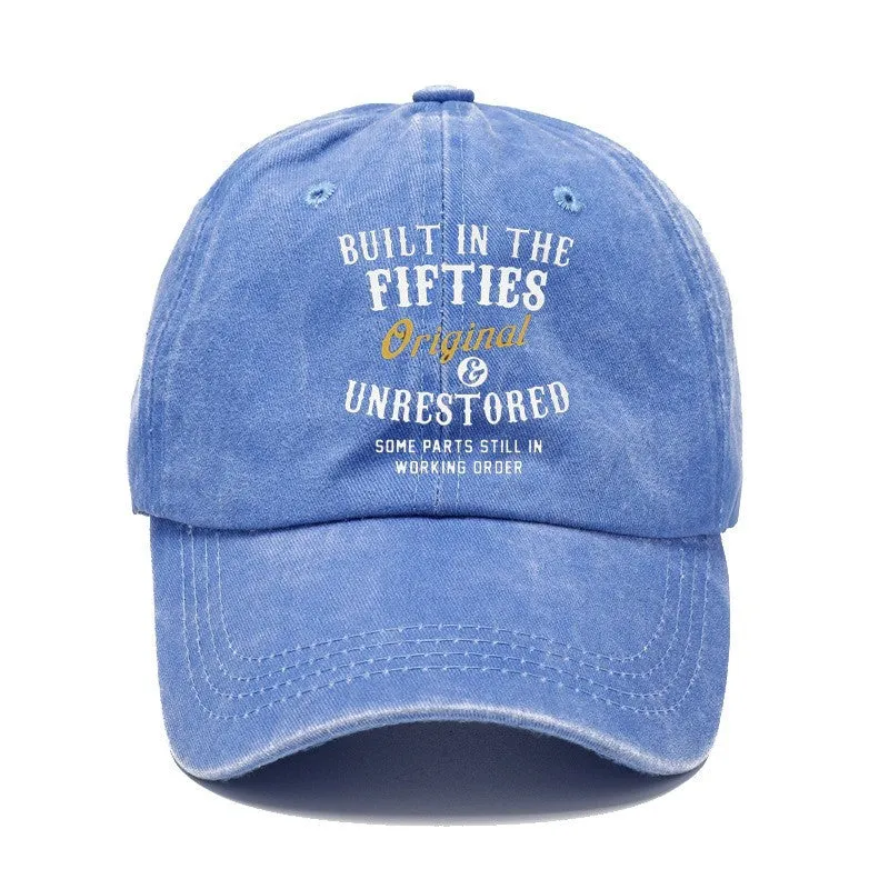 Washed cotton printed distressed vintage dad baseball cap in Fifties Black with adjustable back