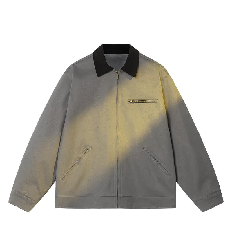 Men's polyester long-sleeve lapel jacket in khaki, loose fit, spring casual outerwear