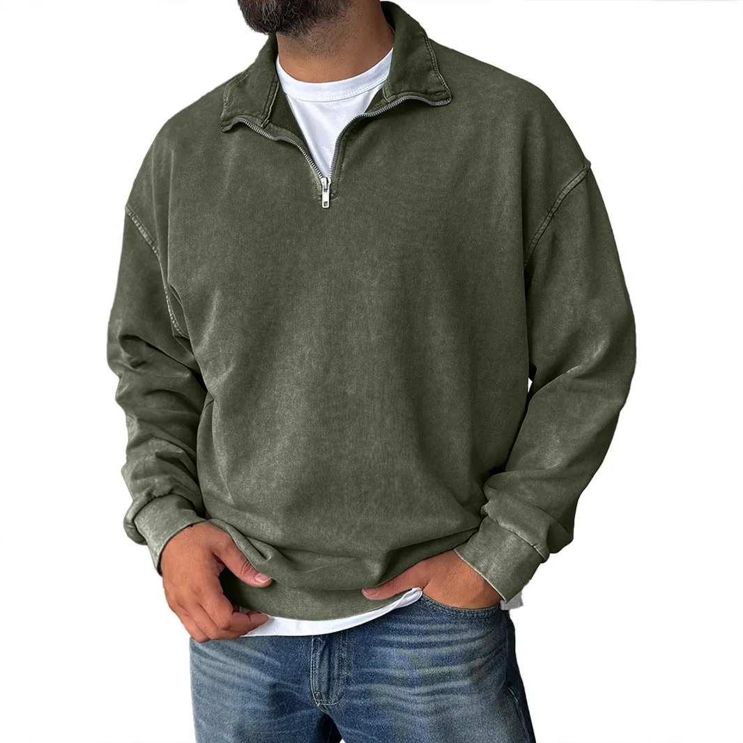 Men's loose drop shoulder cotton sweatshirt in solid colour, stone wash finish, long sleeves