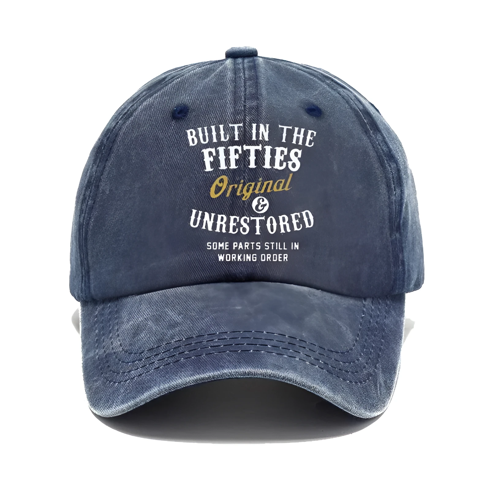 Washed print denim baseball cap with dome crown in retro style, available in multiple colours