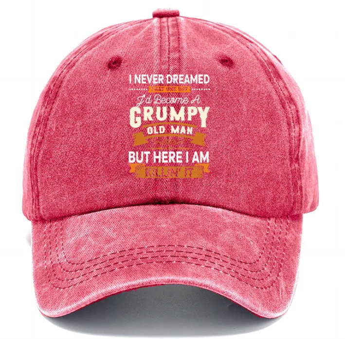 Washed print denim baseball cap with dome crown in retro style, available in multiple colours
