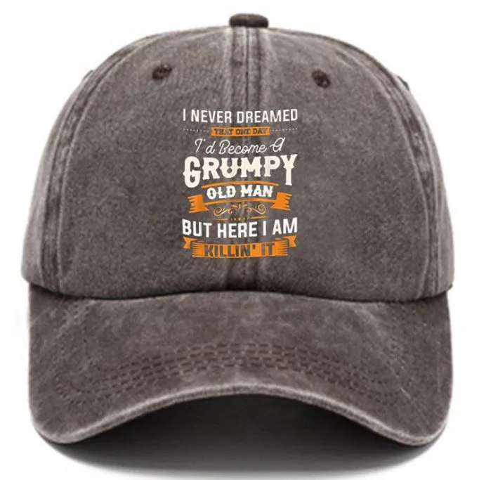 Washed print denim baseball cap with dome crown in retro style, available in multiple colours