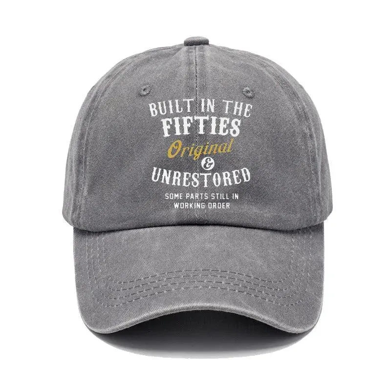 Washed print denim baseball cap with dome crown in retro style, available in multiple colours