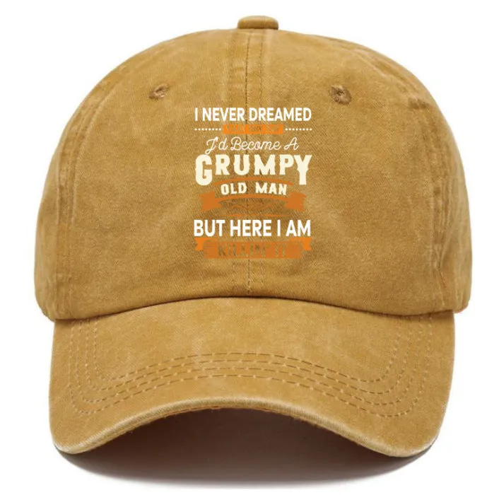 Washed print denim baseball cap with dome crown in retro style, available in multiple colours