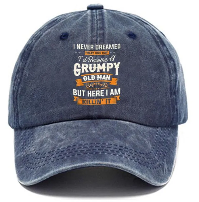 Washed print denim baseball cap with dome crown in retro style, available in multiple colours