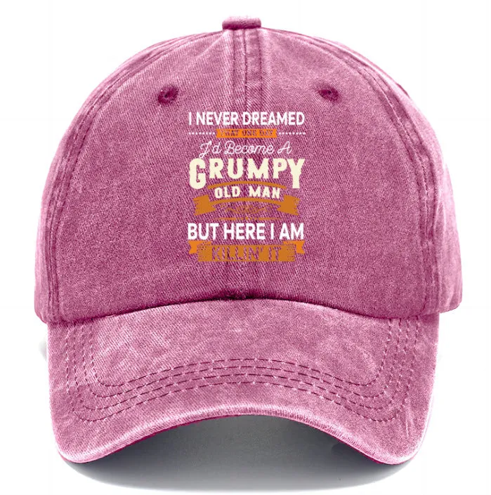 Washed print denim baseball cap with dome crown in retro style, available in multiple colours