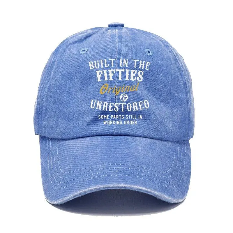 Washed print denim baseball cap with dome crown in retro style, available in multiple colours