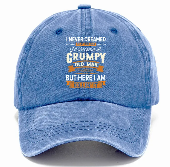 Washed print denim baseball cap with dome crown in retro style, available in multiple colours